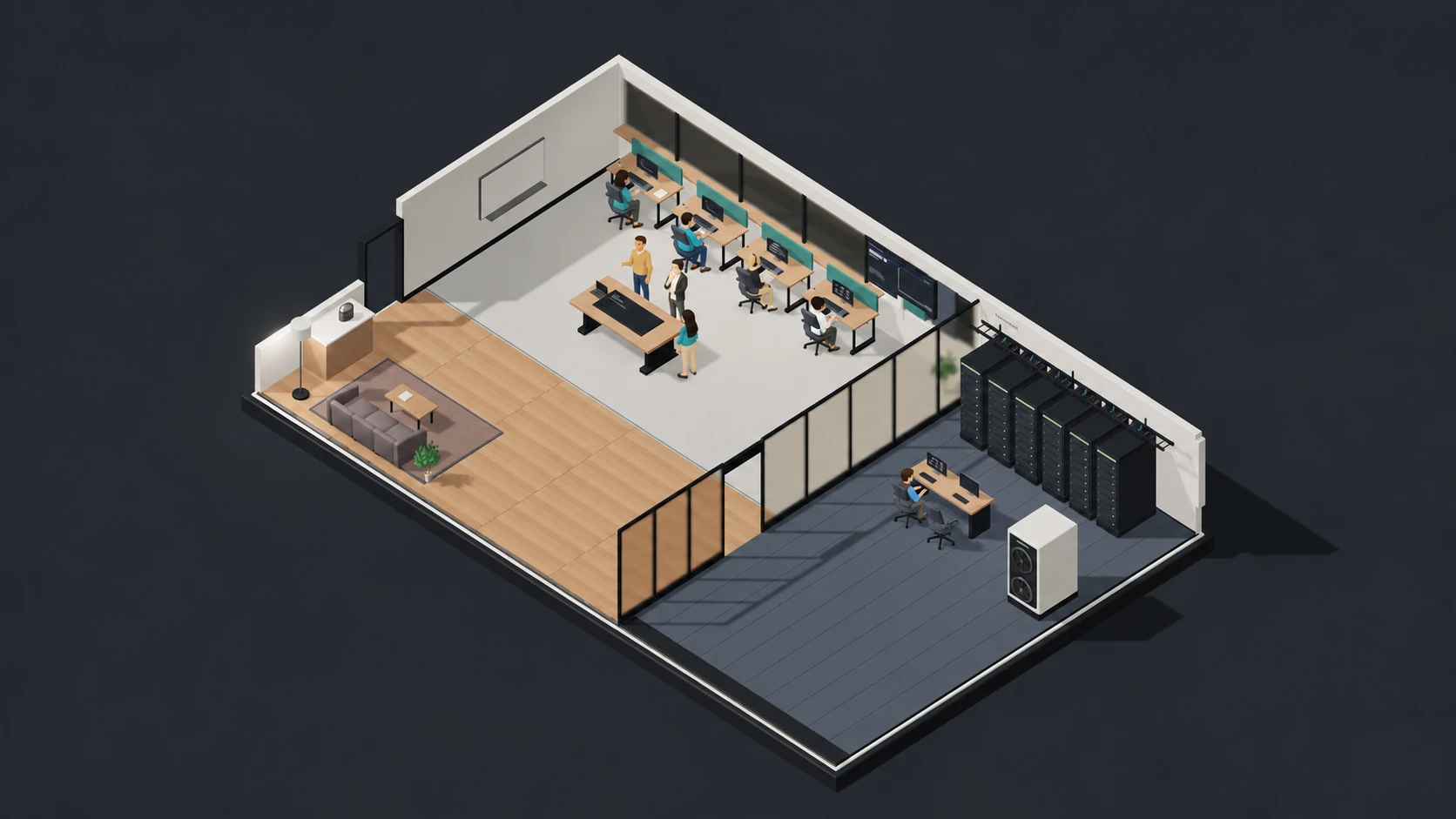 An isometric AI research lab with researchers, desks and a server room