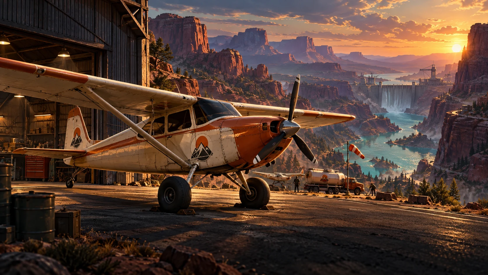 A propeller fighter outside a canyon hangar at sunset