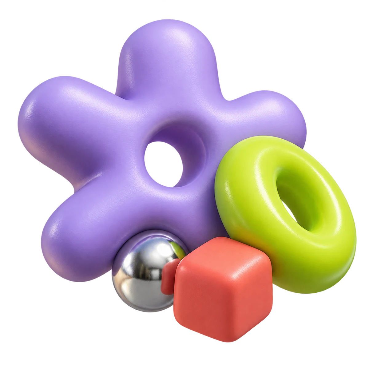 A purple puzzle form with a yellow ring and colorful geometric pieces
